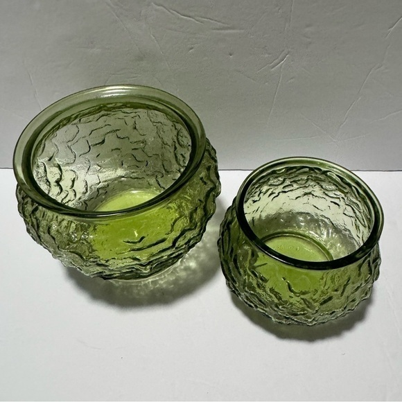 Vintage EO Brody Co. Olive Glass Crinkle Textured Vase Planters - Picture 2 of 9